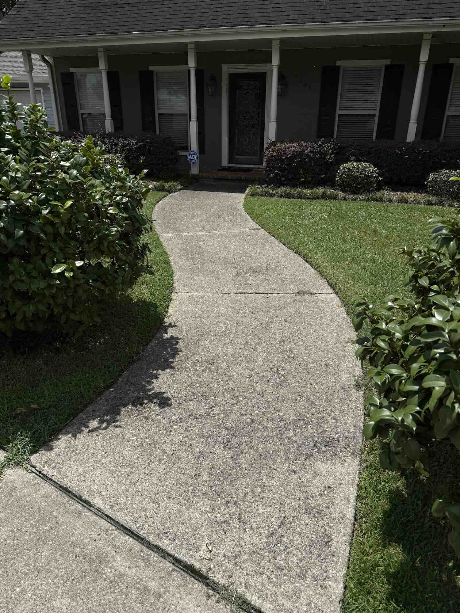 Curved front walkway with deep discoloration and organic buildup before pressure washing in Metairie, Louisiana.